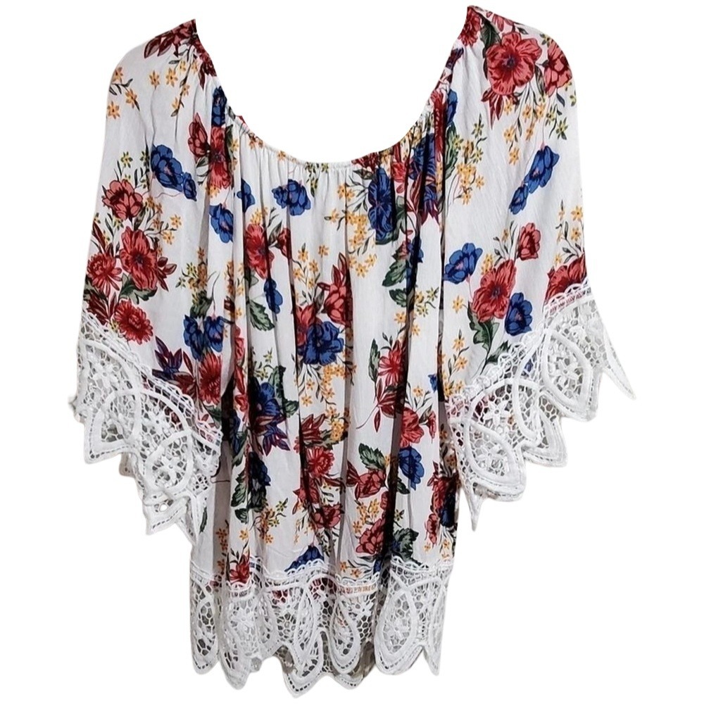 Le Rouge Womens 2X Floral Off Shoulder Boho Blouse Crochet Lace Trim TB3927X